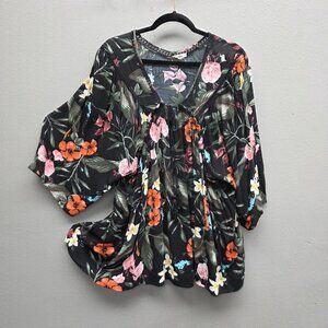 Oddi Shirt Womens 3XL Black Floral Boho Peasant Tunic Top 3/4 Sleeve Rayon